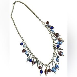 Blue Purple Beaded Charm Necklace Silver Tone Glass Drop Fringe Statement 17”